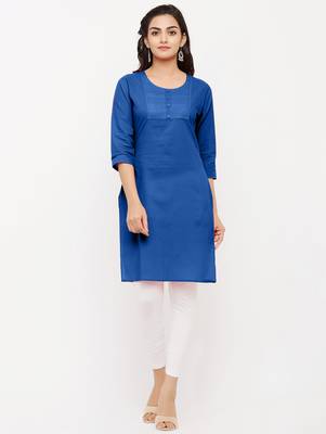 Women's  Royal Blue Cotton Embroidered Straight Kurta 1