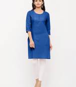 Women's  Royal Blue Cotton Embroidered Straight Kurta