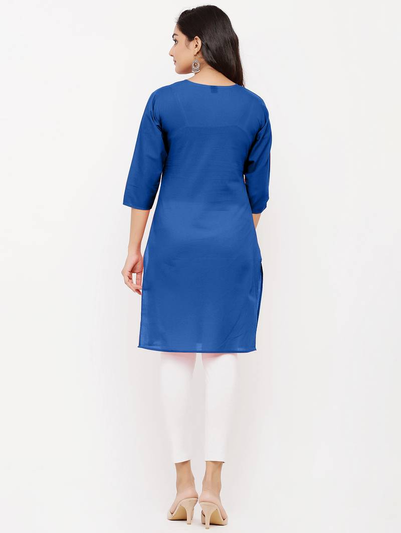 Women's  Royal Blue Cotton Embroidered Straight Kurta