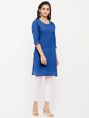 Women's  Royal Blue Cotton Embroidered Straight Kurta 3