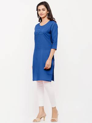 Women's  Royal Blue Cotton Embroidered Straight Kurta 4