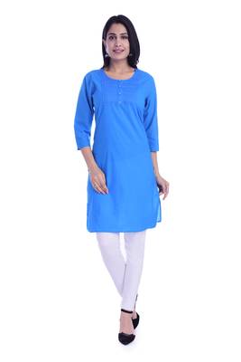 Women's  Sky Blue Cotton Embroidered Straight Kurta 1