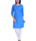 Women's  Sky Blue Cotton Embroidered Straight Kurta