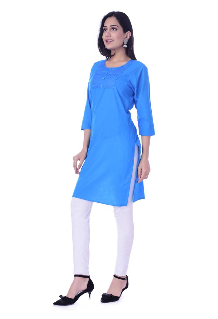 Women's  Sky Blue Cotton Embroidered Straight Kurta