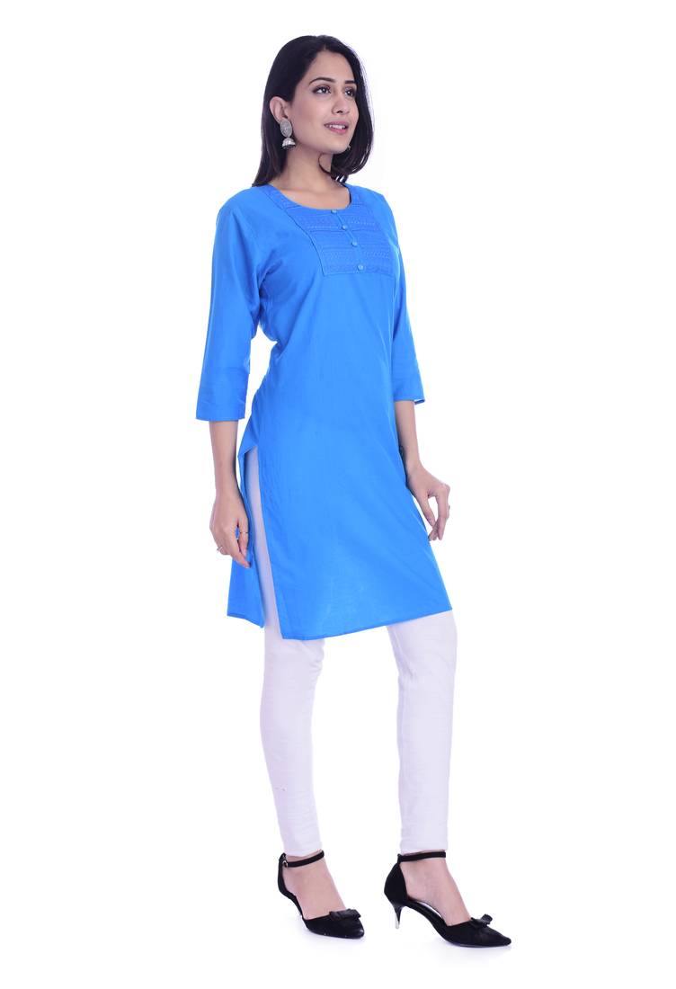 Women's  Sky Blue Cotton Embroidered Straight Kurta
