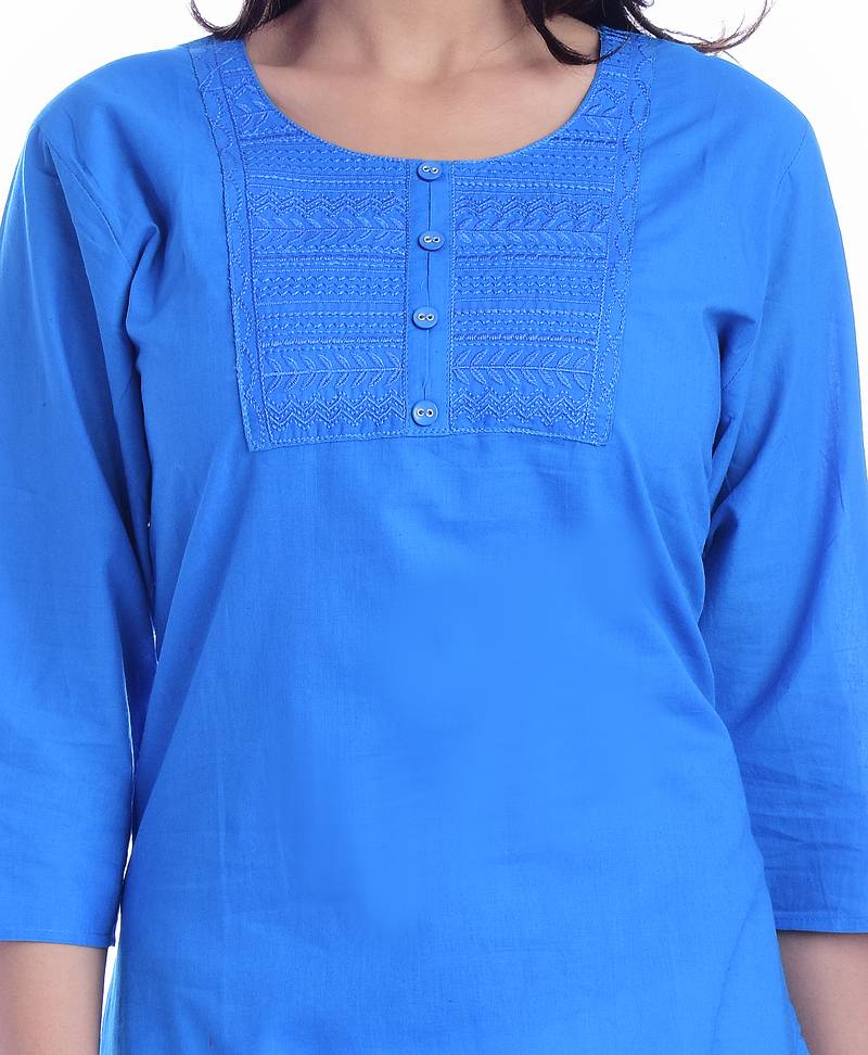 Women's  Sky Blue Cotton Embroidered Straight Kurta
