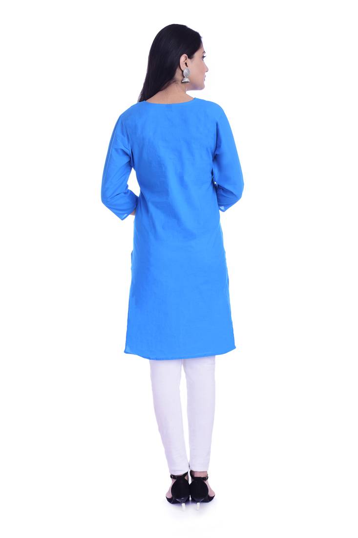 Women's  Sky Blue Cotton Embroidered Straight Kurta