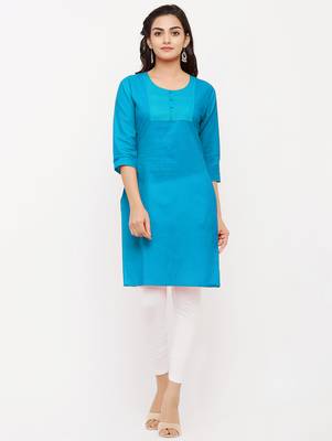 Women's  Turquoise Cotton Embroidered Straight Kurta 1