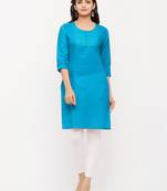 Women's  Turquoise Cotton Embroidered Straight Kurta