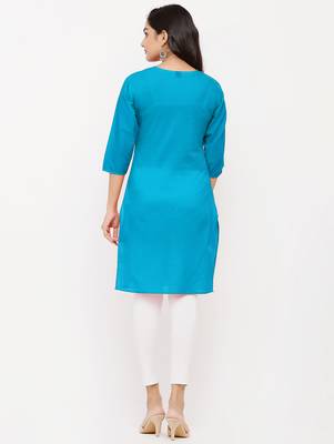 Women's  Turquoise Cotton Embroidered Straight Kurta 2