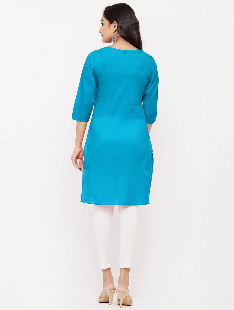 Women's  Turquoise Cotton Embroidered Straight Kurta