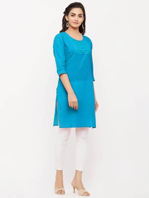 Women's  Turquoise Cotton Embroidered Straight Kurta 3