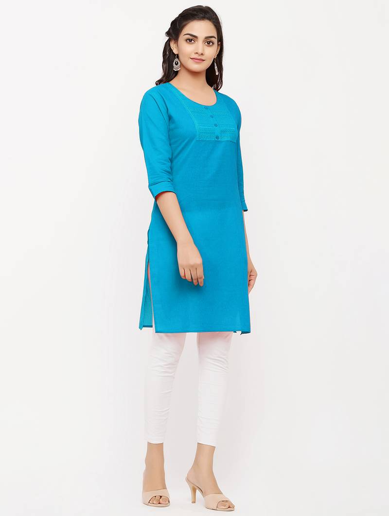 Women's  Turquoise Cotton Embroidered Straight Kurta