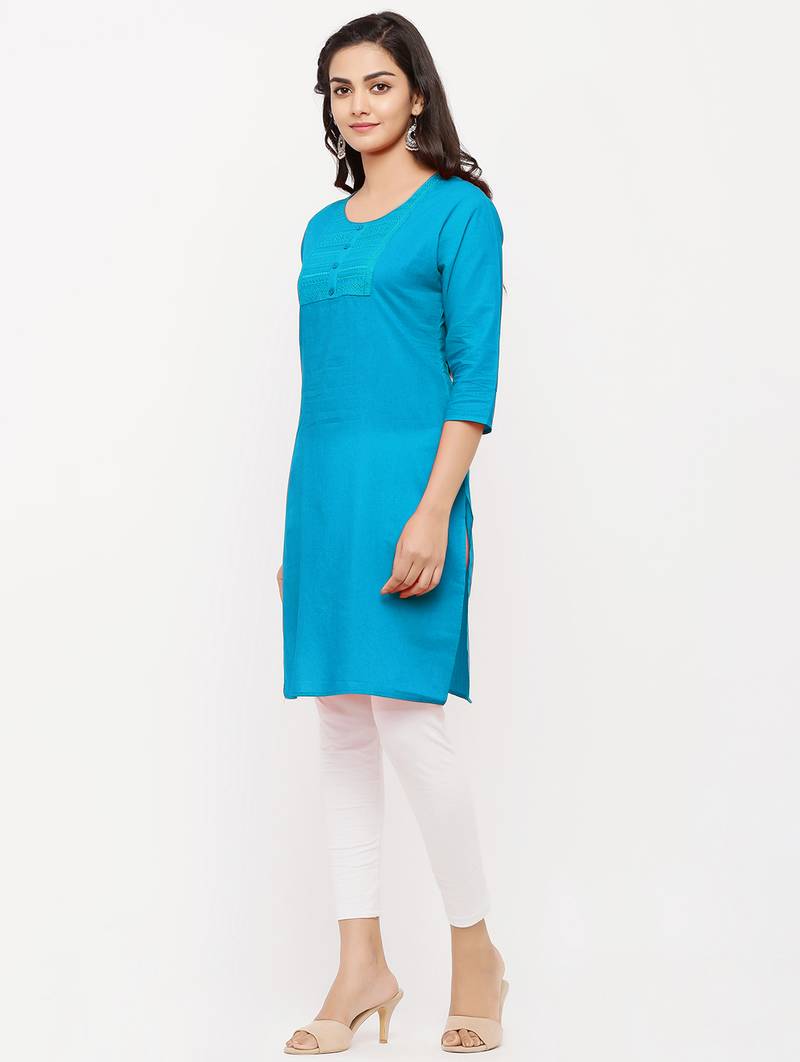Women's  Turquoise Cotton Embroidered Straight Kurta