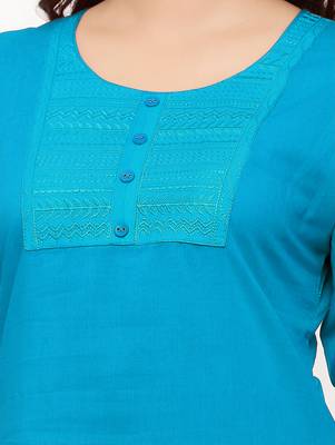 Women's  Turquoise Cotton Embroidered Straight Kurta 5