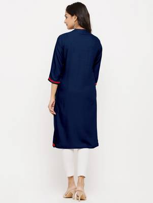Women's  Navy Blue Rayon Embroidered Straight Kurta 2