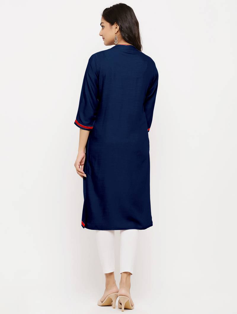 Women's  Navy Blue Rayon Embroidered Straight Kurta