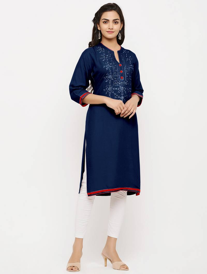 Women's  Navy Blue Rayon Embroidered Straight Kurta