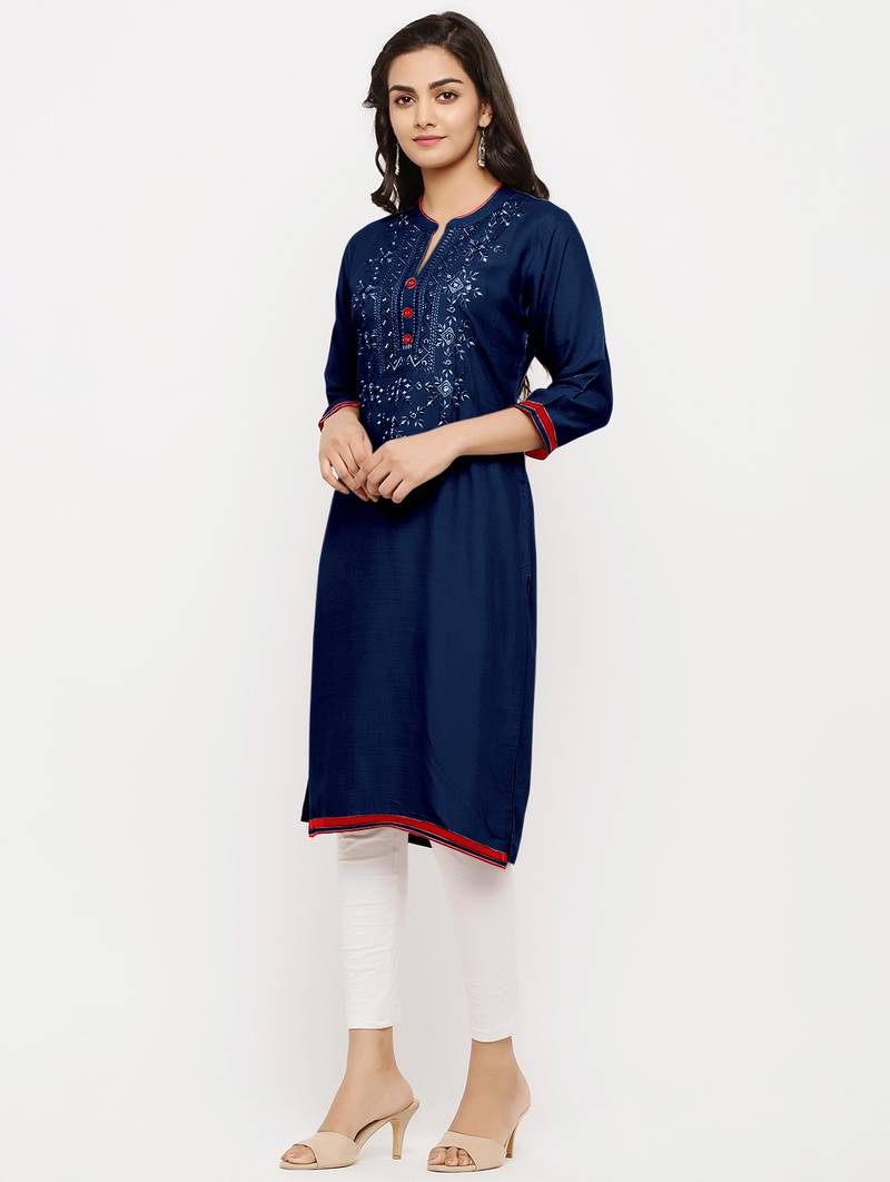 Women's  Navy Blue Rayon Embroidered Straight Kurta