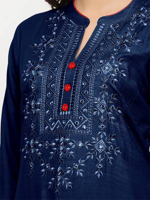 Women's  Navy Blue Rayon Embroidered Straight Kurta 5