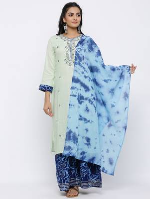 Women's Multicolor Rayon Slub Embroidered Straight Kurta, Sharara and Dupatta Set 1