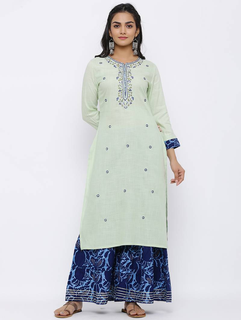 Women's Multicolor Rayon Slub Embroidered Straight Kurta, Sharara and Dupatta Set