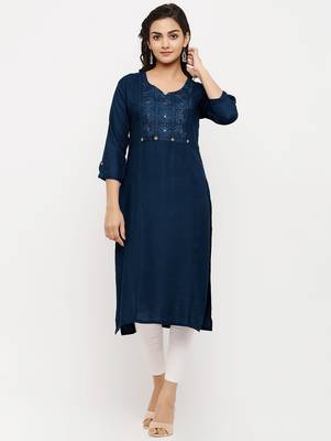 Women's  Navy Blue Rayon Embroidered Straight Kurta 1