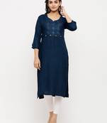 Women's  Navy Blue Rayon Embroidered Straight Kurta