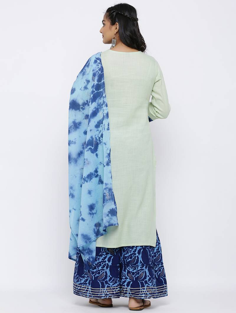 Women's Multicolor Rayon Slub Embroidered Straight Kurta, Sharara and Dupatta Set