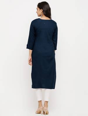 Women's  Navy Blue Rayon Embroidered Straight Kurta 2
