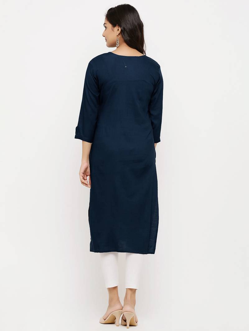 Women's  Navy Blue Rayon Embroidered Straight Kurta