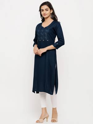 Women's  Navy Blue Rayon Embroidered Straight Kurta 3