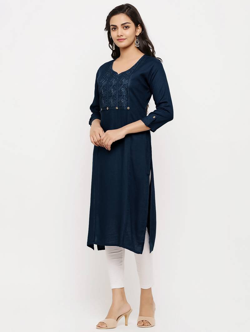Women's  Navy Blue Rayon Embroidered Straight Kurta