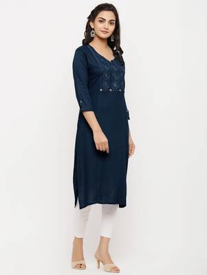 Women's  Navy Blue Rayon Embroidered Straight Kurta 4