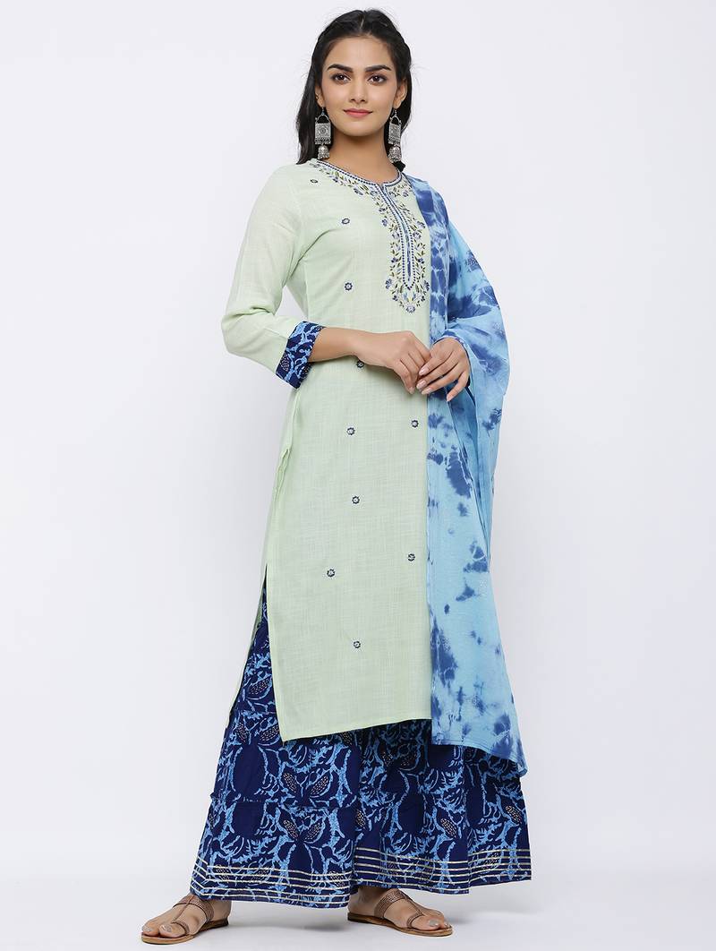 Women's Multicolor Rayon Slub Embroidered Straight Kurta, Sharara and Dupatta Set