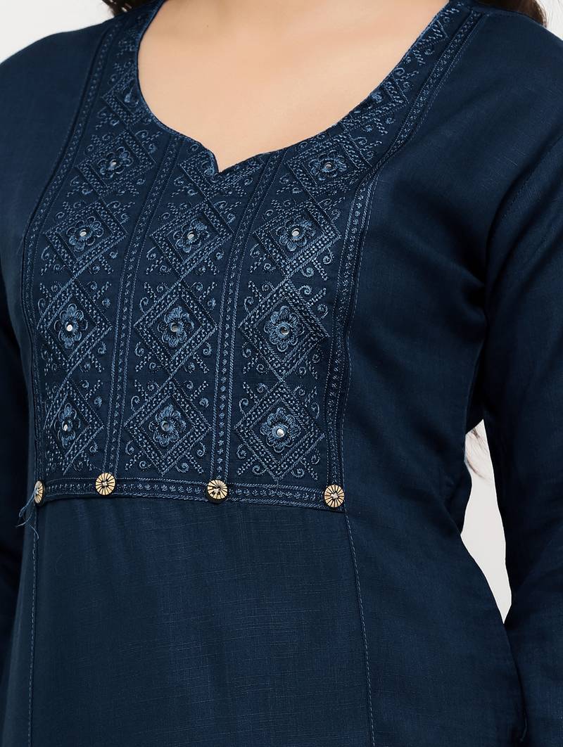 Women's  Navy Blue Rayon Embroidered Straight Kurta
