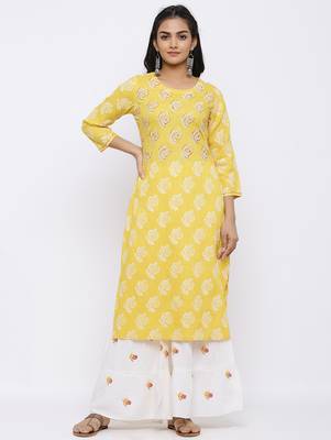 Women's Mustard Rayon Slub Embroidered Straight Kurta & Sharara Set 1