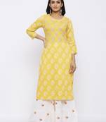 Women's Mustard Rayon Slub Embroidered Straight Kurta & Sharara Set