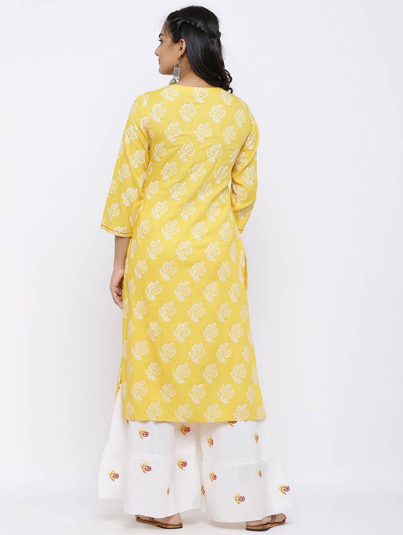 Women's Mustard Rayon Slub Embroidered Straight Kurta & Sharara Set