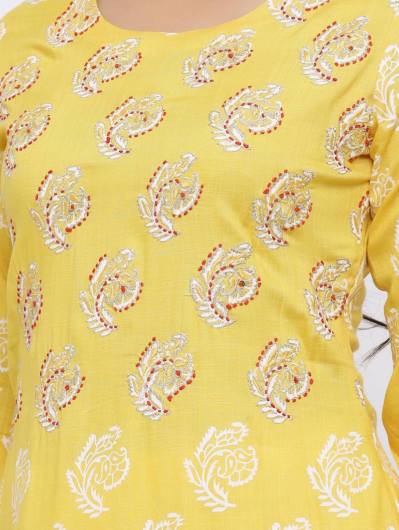 Women's Mustard Rayon Slub Embroidered Straight Kurta & Sharara Set