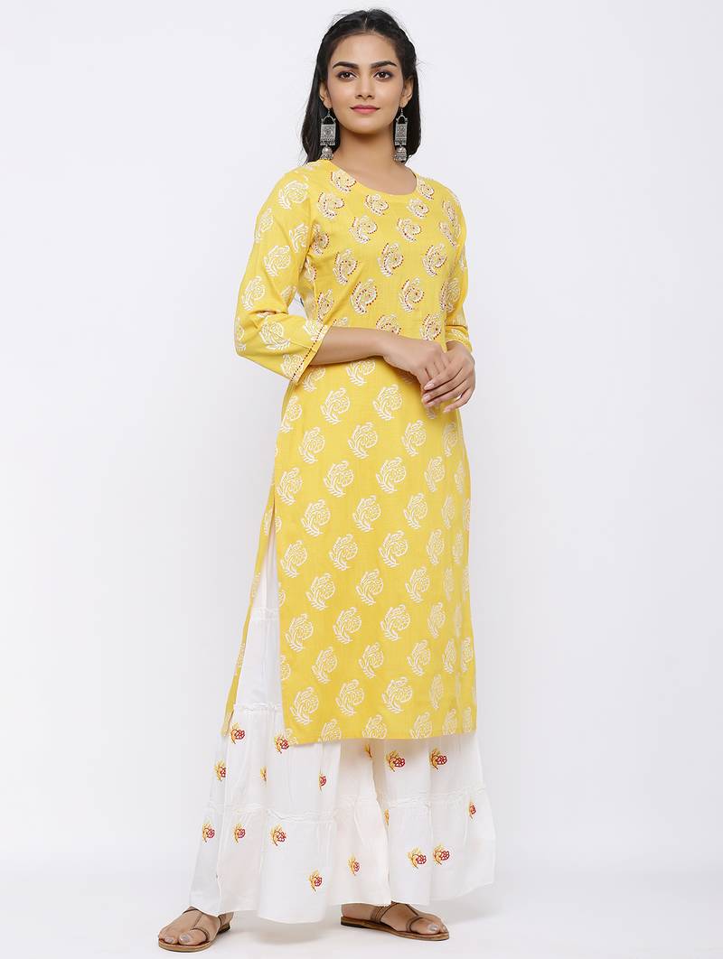 Women's Mustard Rayon Slub Embroidered Straight Kurta & Sharara Set