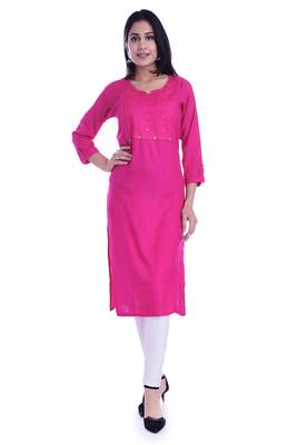 Women's  PINK Rayon Embroidered Straight Kurta 1