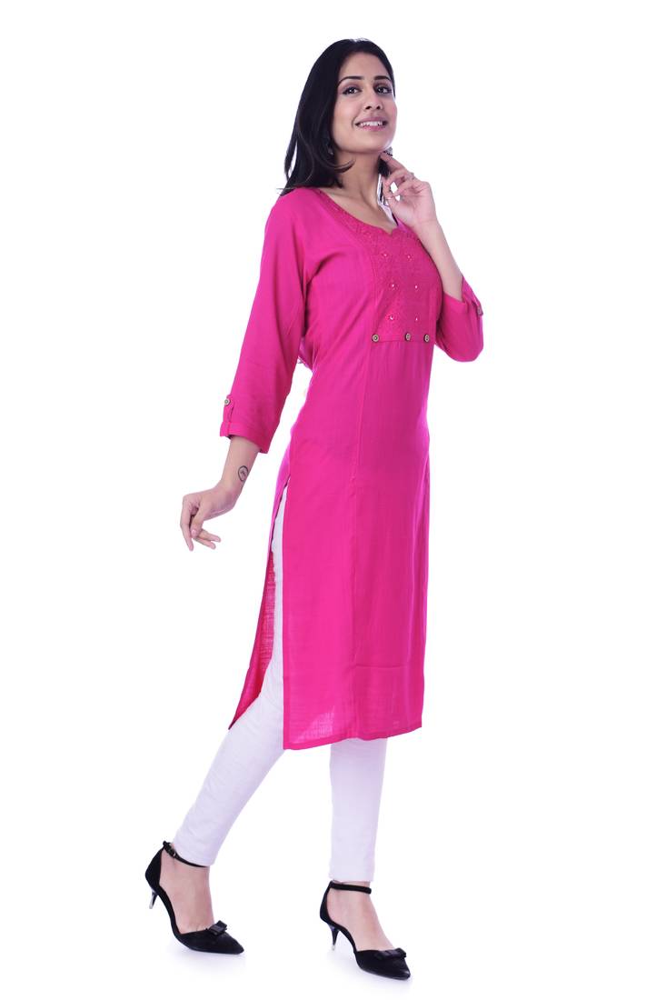 Women's  PINK Rayon Embroidered Straight Kurta