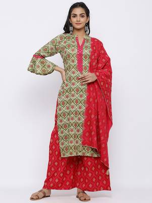 Women's Pink Rayon Embroidered Straight kurti, Palazzo and Dupatta Set 1