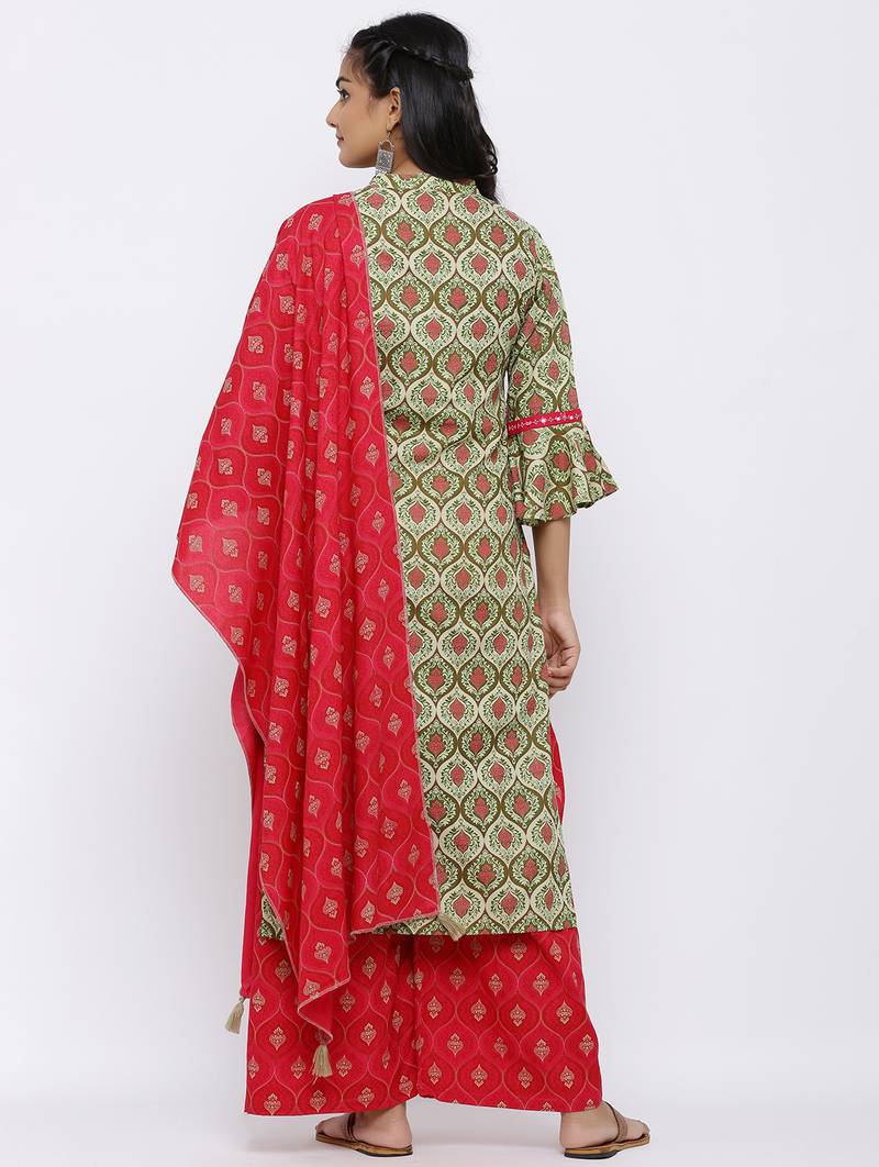 Women's Pink Rayon Embroidered Straight kurti, Palazzo and Dupatta Set