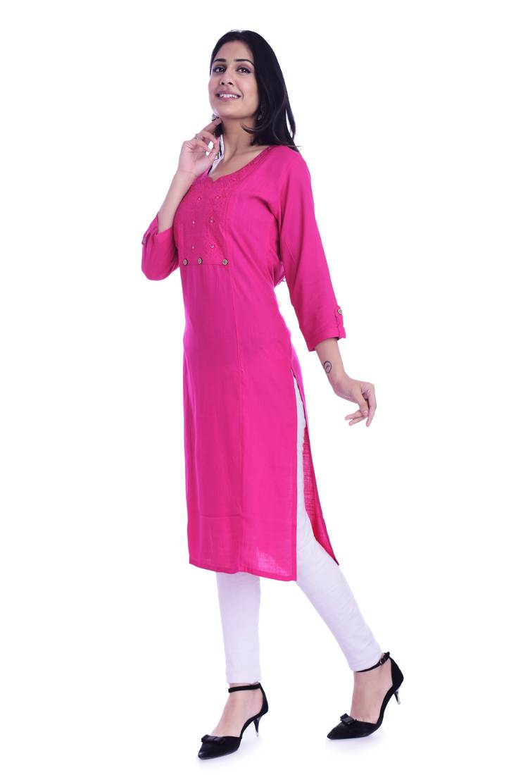 Women's  PINK Rayon Embroidered Straight Kurta