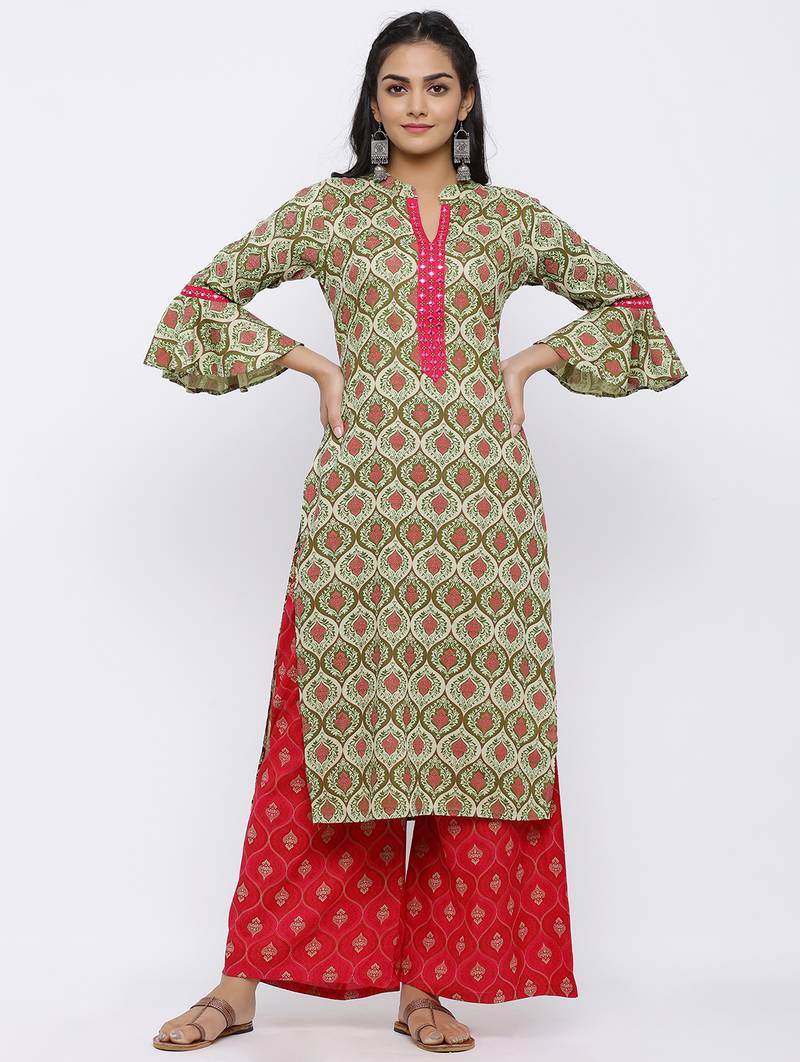 Women's Pink Rayon Embroidered Straight kurti, Palazzo and Dupatta Set