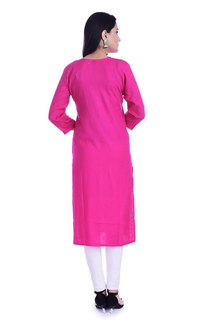 Women's  PINK Rayon Embroidered Straight Kurta