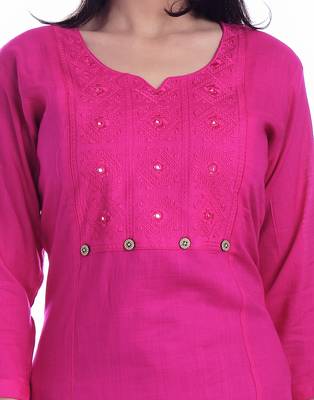 Women's  PINK Rayon Embroidered Straight Kurta 5