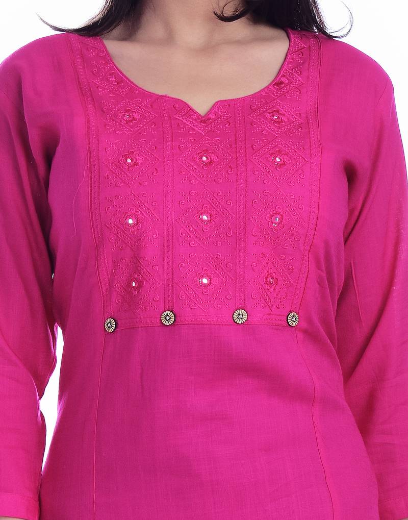 Women's  PINK Rayon Embroidered Straight Kurta